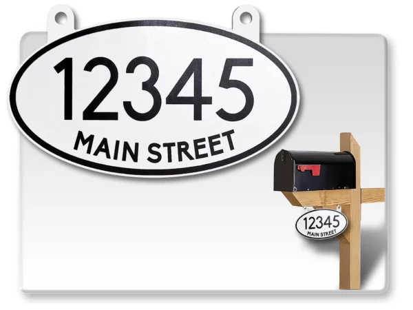 Hanging Mailbox Address Sign - Oval, Double Sided, Includes Two Screw-In Hooks for Easy Installation, 12 Months Warranty